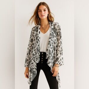 PAPA | Floral Black & White Waterfall Kimono Cardigan with striped textu…